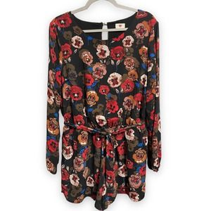 One Clothing Romper Size XL Black Multi-color Floral long sleeve belted